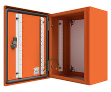 Load image into Gallery viewer, X15 Orange Powder Coated, Galvanised Mild Steel Enclosure 400Hx400Wx200D - 1.5mm